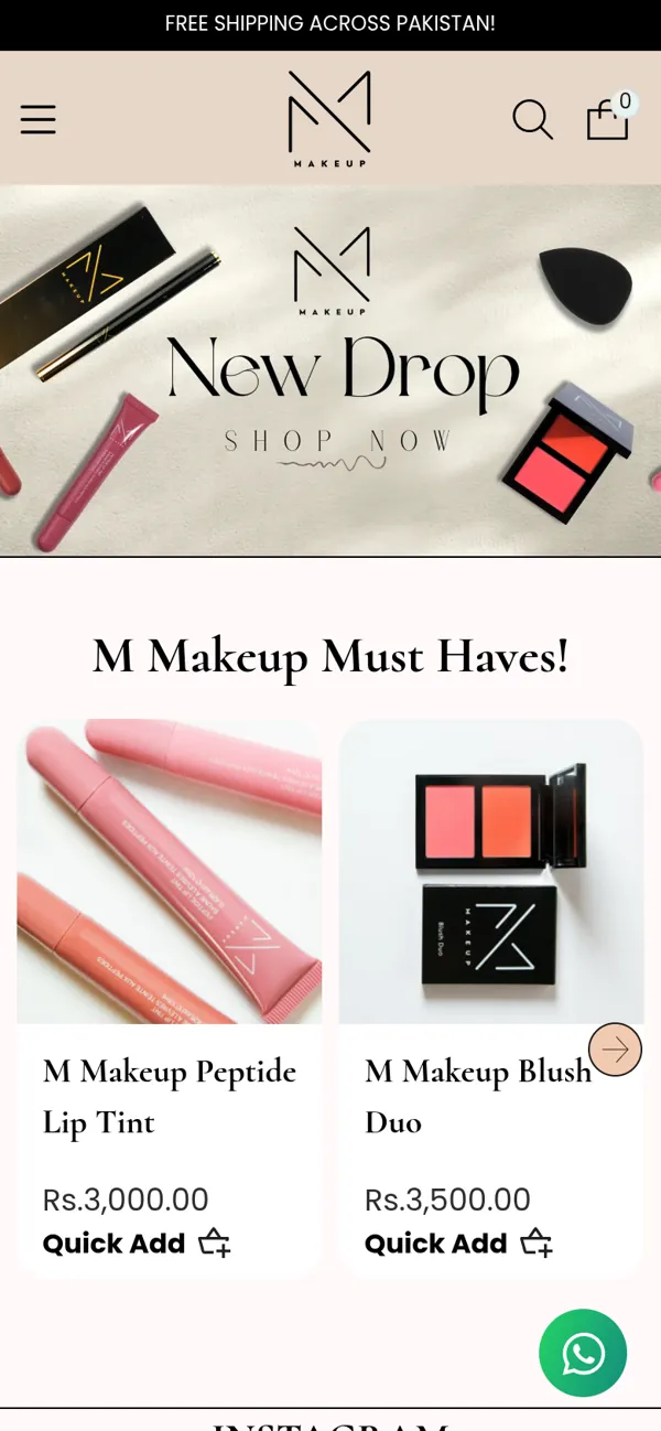 M Makeup Shopify store homepage on mobile